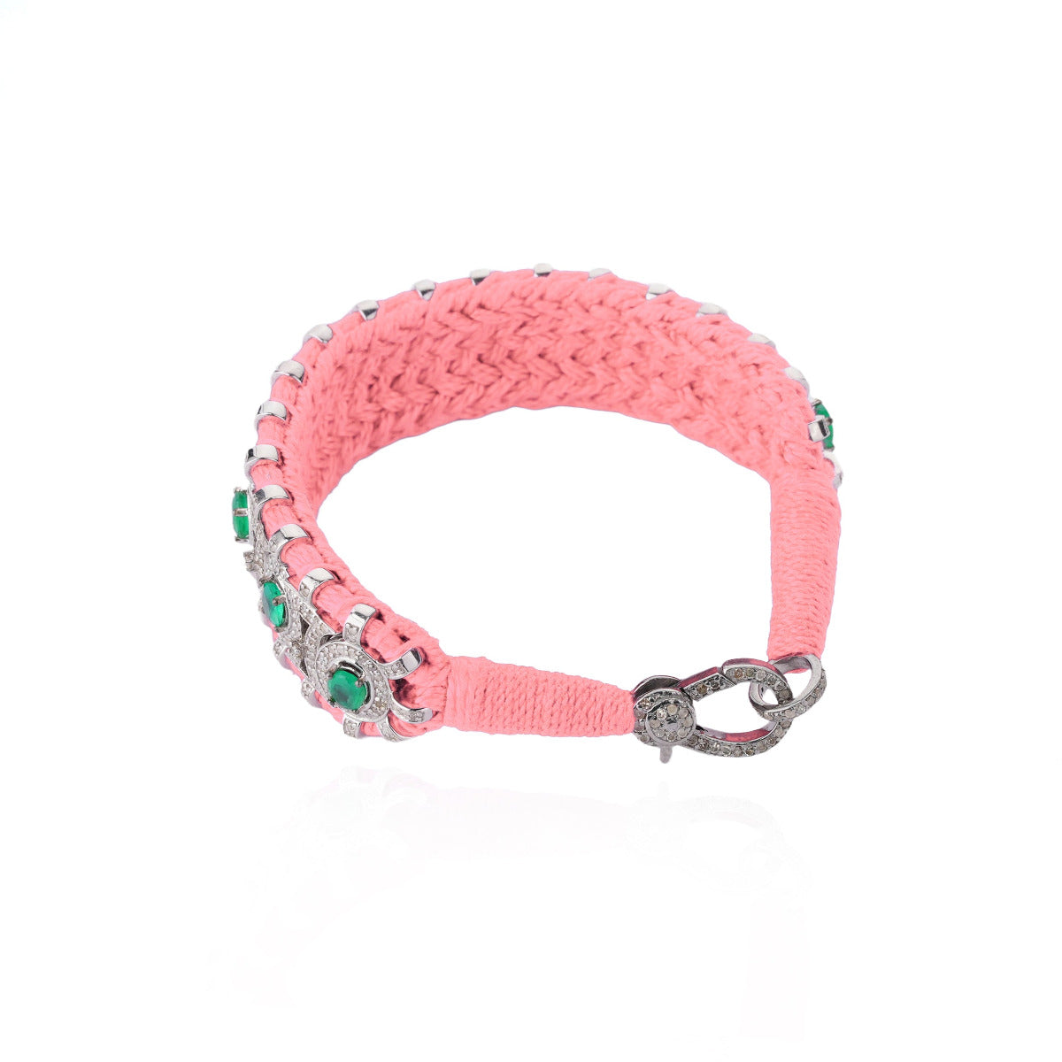Sao Paulo Fluo Coral and Emeralds bracelet in 925 silver and diamonds