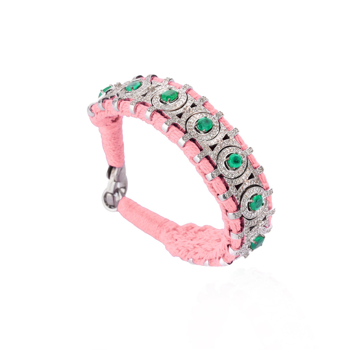 Sao Paulo Fluo Coral and Emeralds bracelet in 925 silver and diamonds