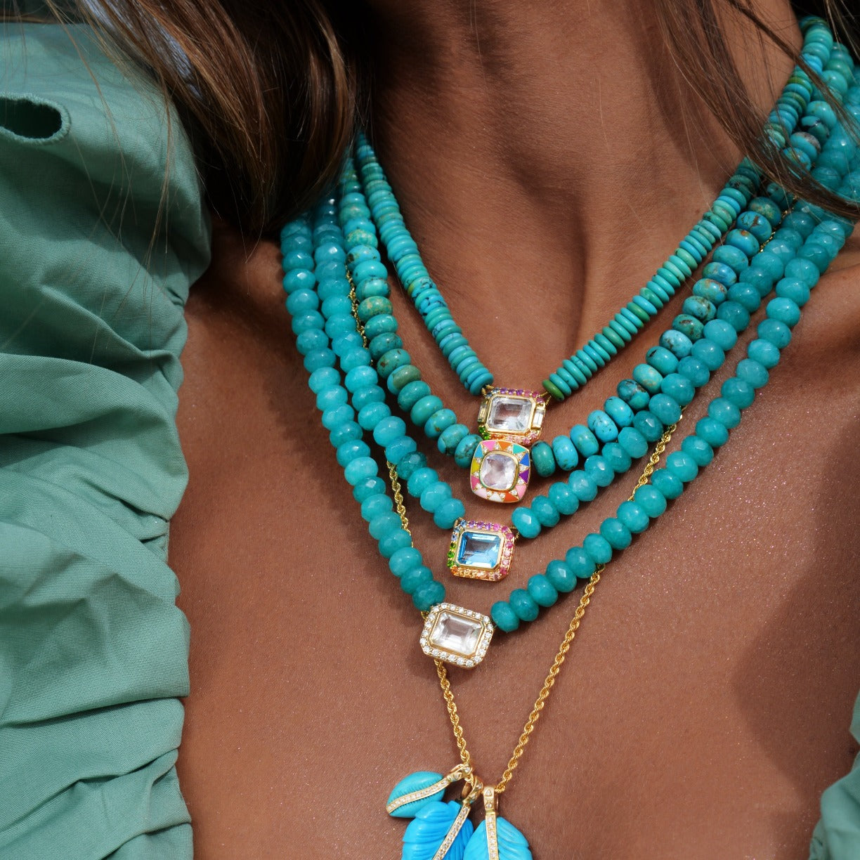 Molly necklace in Amazonite stone, 14k gold, crystal and multi-colored stones