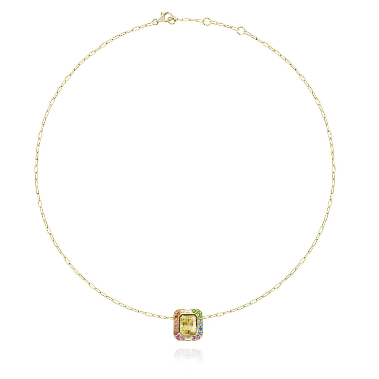 Margareth necklace special 18 carat gold, heliodor, rainbow sapphire and diamonds.