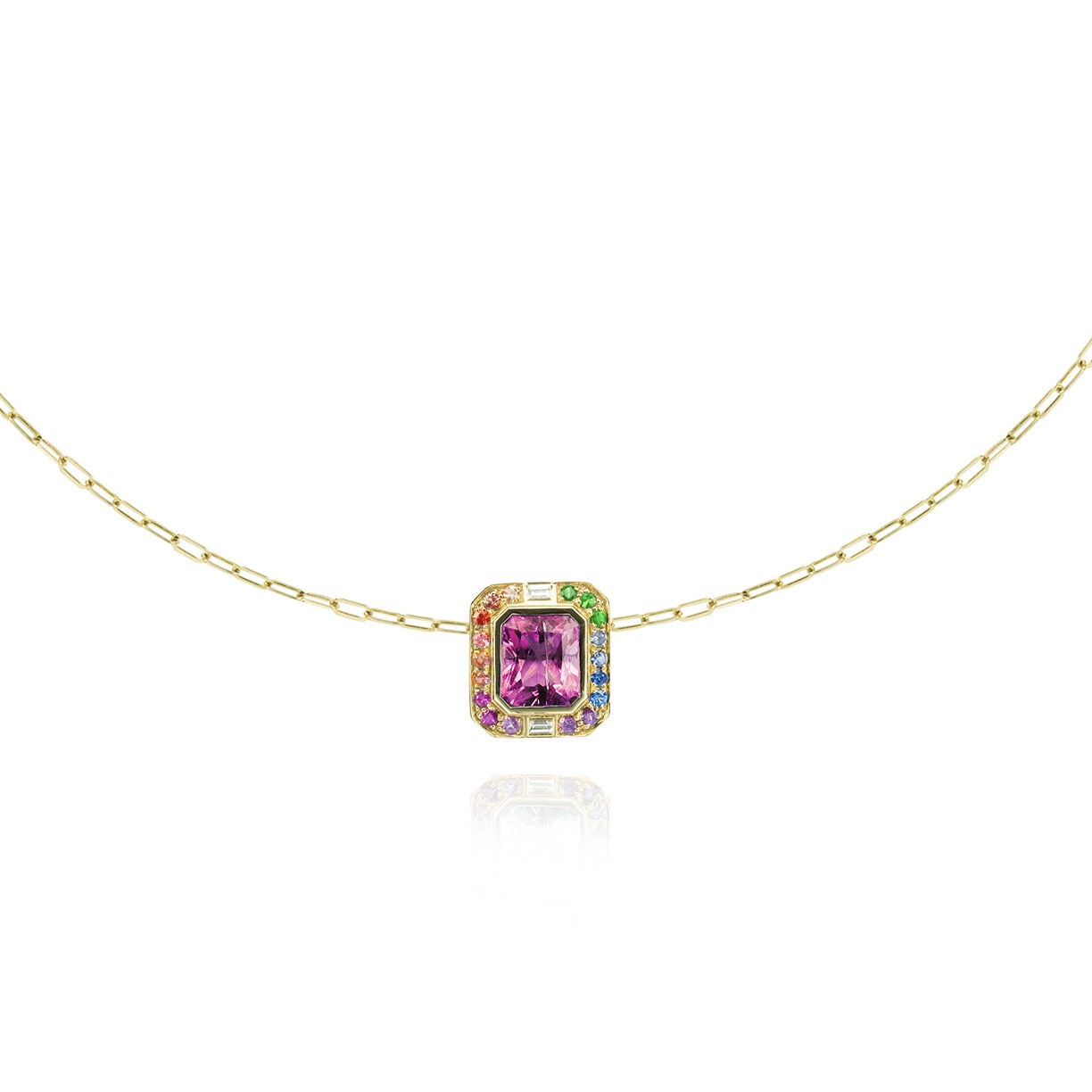 Margareth necklace special 18 carat gold, tourmaline, rainbow sapphire and zircons.