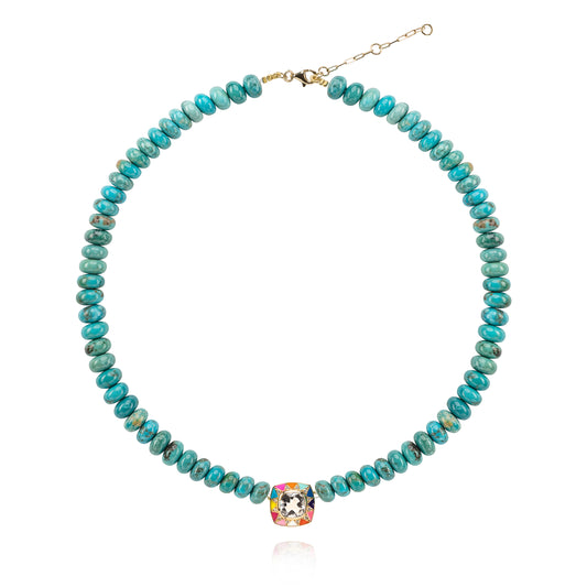 Stella necklace blue stone lagoon larimar, rainbow pendant, diamonds and moonstone