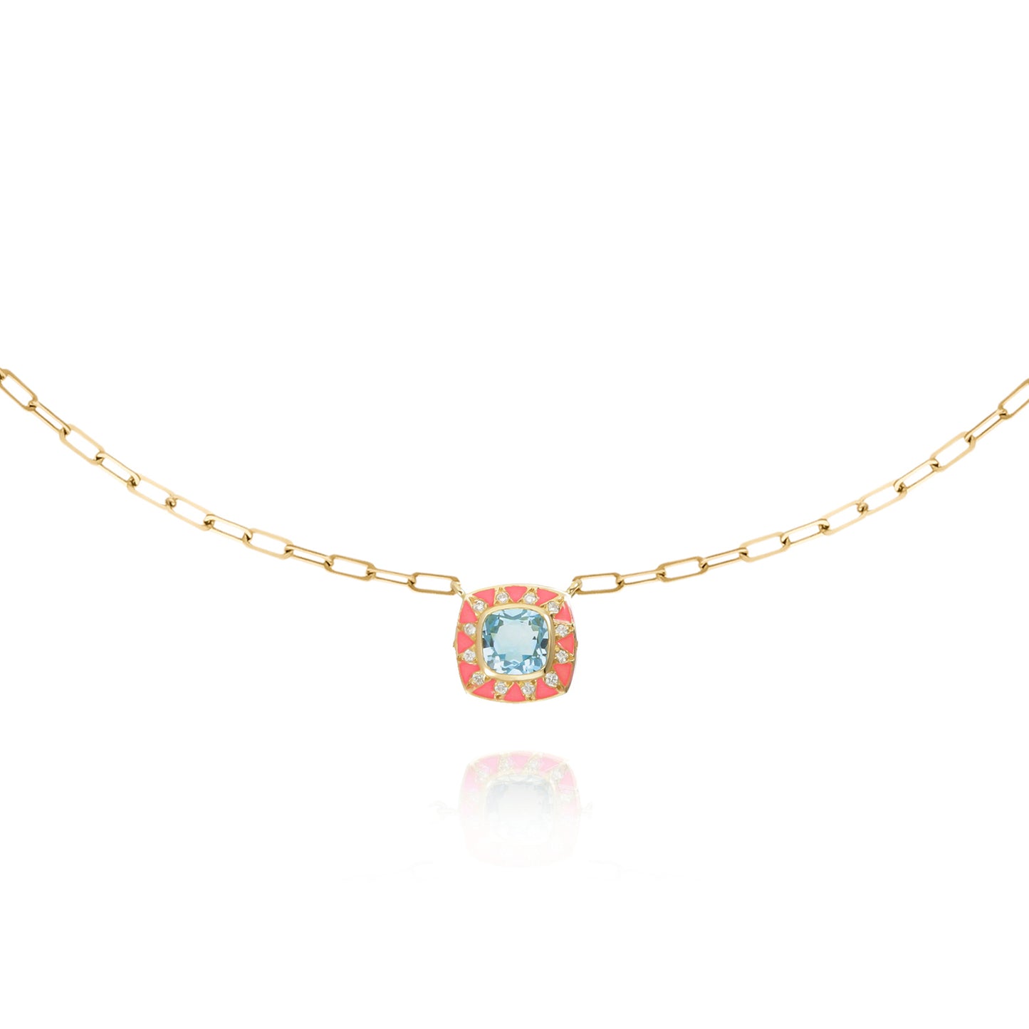 Stella coral pink chain necklace, diamonds and sky blue topaz